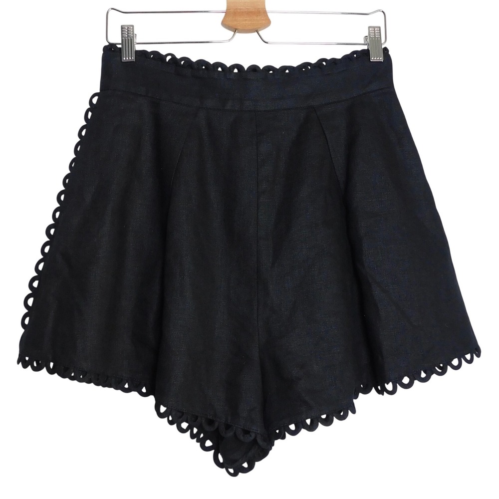 Zimmermann Allia High Waisted Short Womens 2 Black Linen Scalloped Embroidered